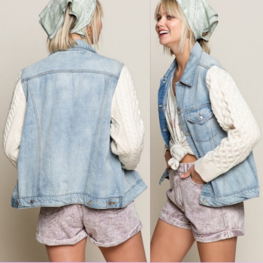 38337 POL Knit Sleeve Denim Jacket - Picture 2 of 5